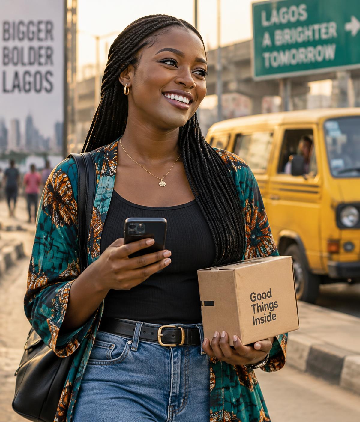 A smiling woman holding a parcel and her phone